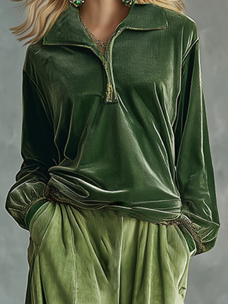 Elmont | Green Velvet Top & Leopard-Print Wide-Leg Pants Set