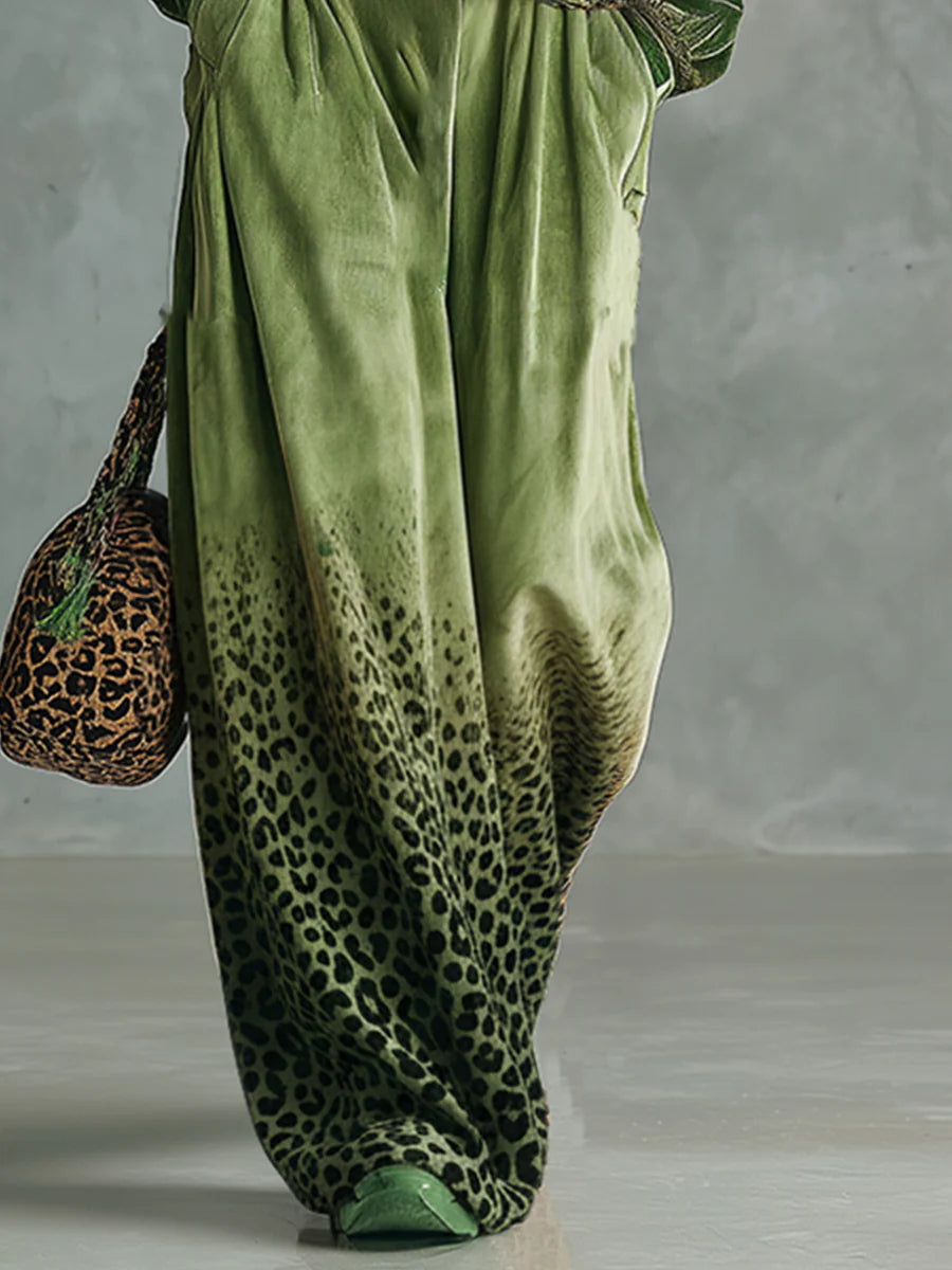 Elmont | Green Velvet Top & Leopard-Print Wide-Leg Pants Set