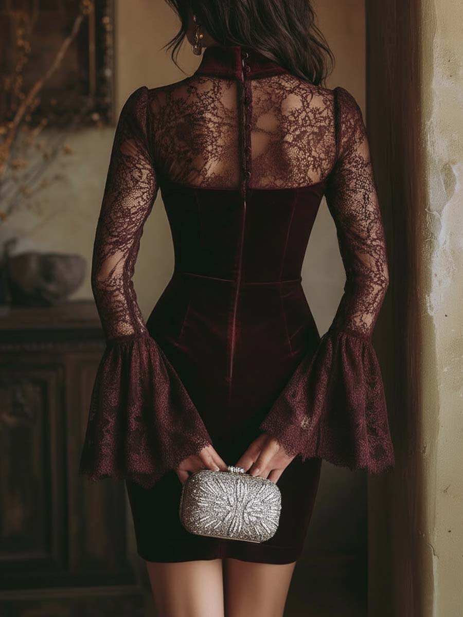 Elmont | Burgundy Velvet and Lace Bodycon Mini Dress