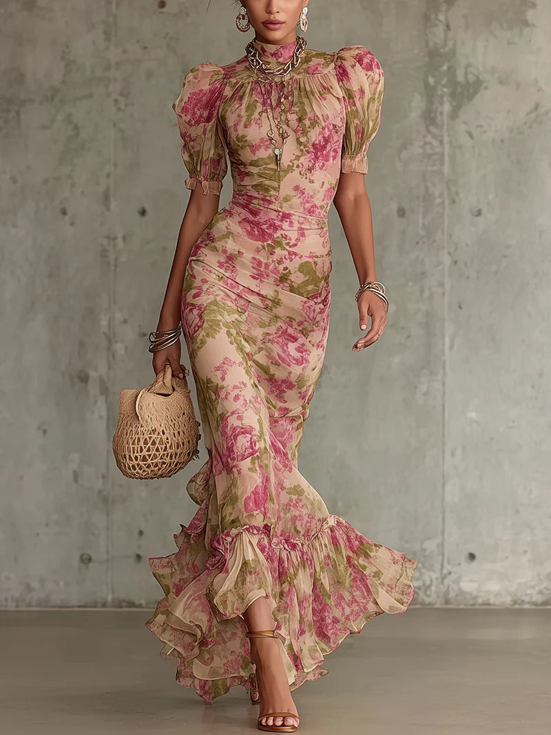 M&H | High-Neck Tiered Floral Maxi Dress