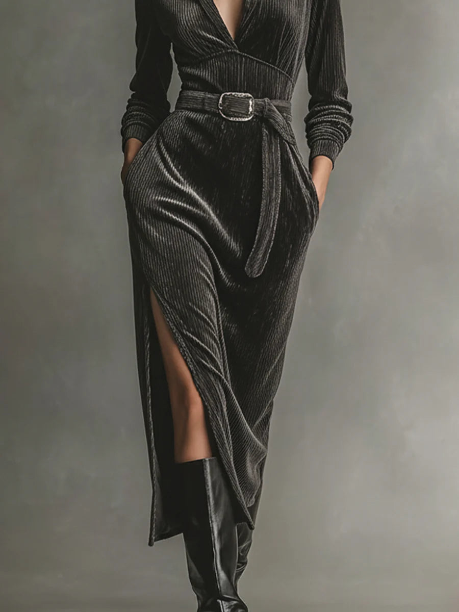 Elmont | Collared Corduroy Belted Midi Dress