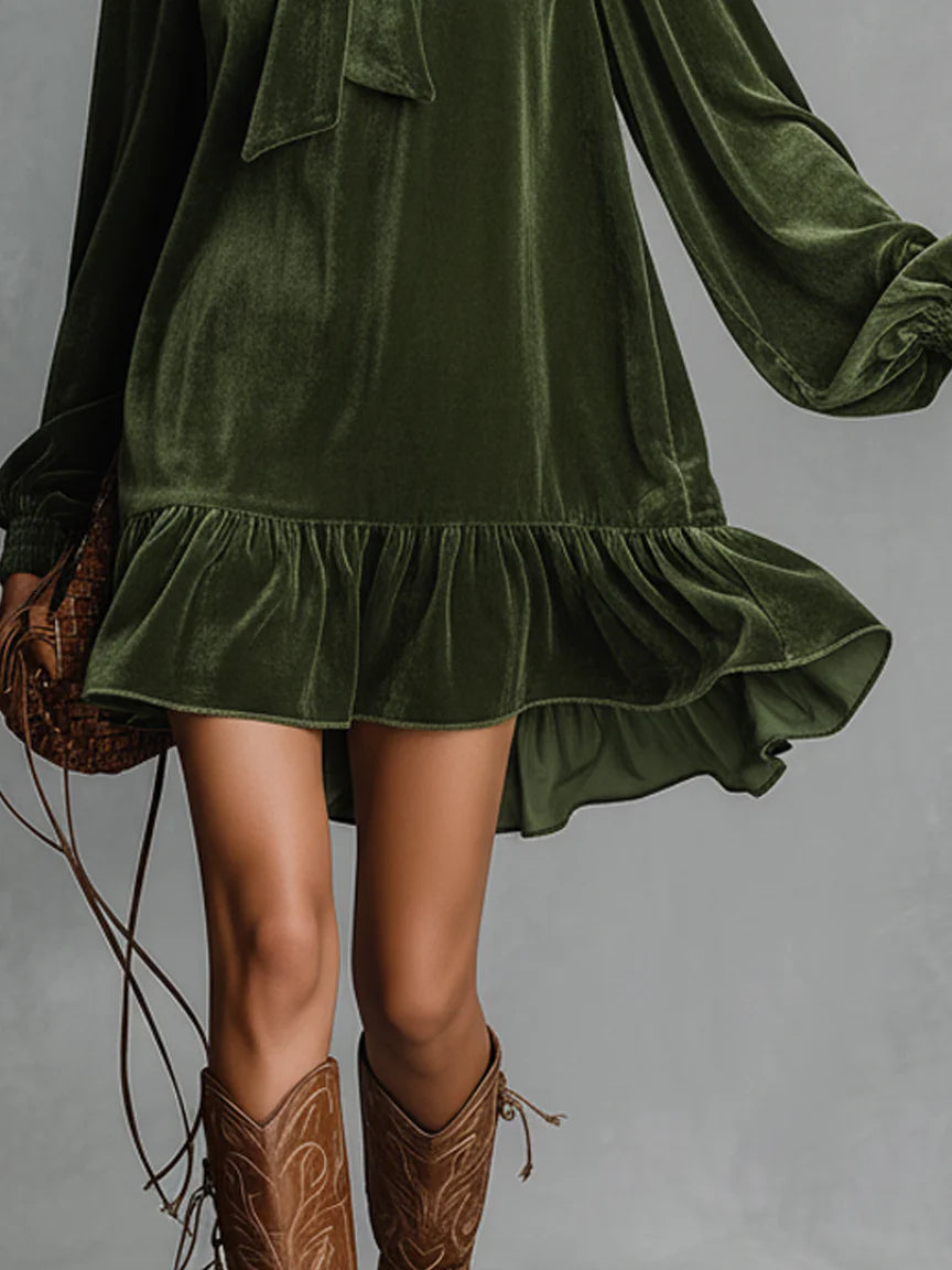 Elmont | Velvet Bow-Neck Long-Sleeve Mini Dress