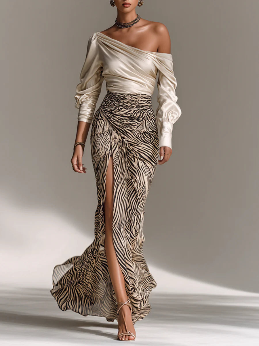 Elmont | Satin Off-Shoulder Top & Zebra-Print Slit Maxi Skirt Set