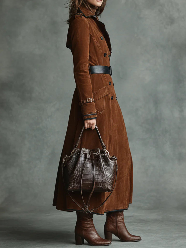 Elmont | Suede Double-Breasted Long Coat with Black Trim