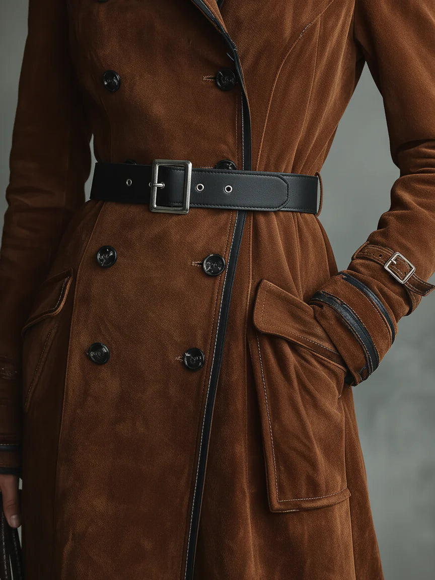 Elmont | Suede Double-Breasted Long Coat with Black Trim