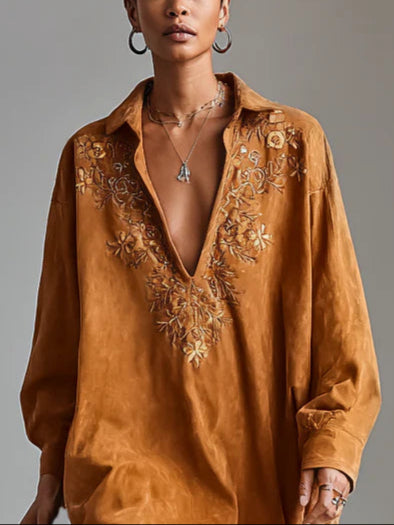 Elmont | Printed Lapel V-Neck Long-Sleeve Midi Dress