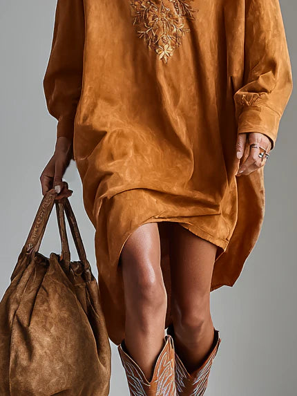 Elmont | Printed Lapel V-Neck Long-Sleeve Midi Dress