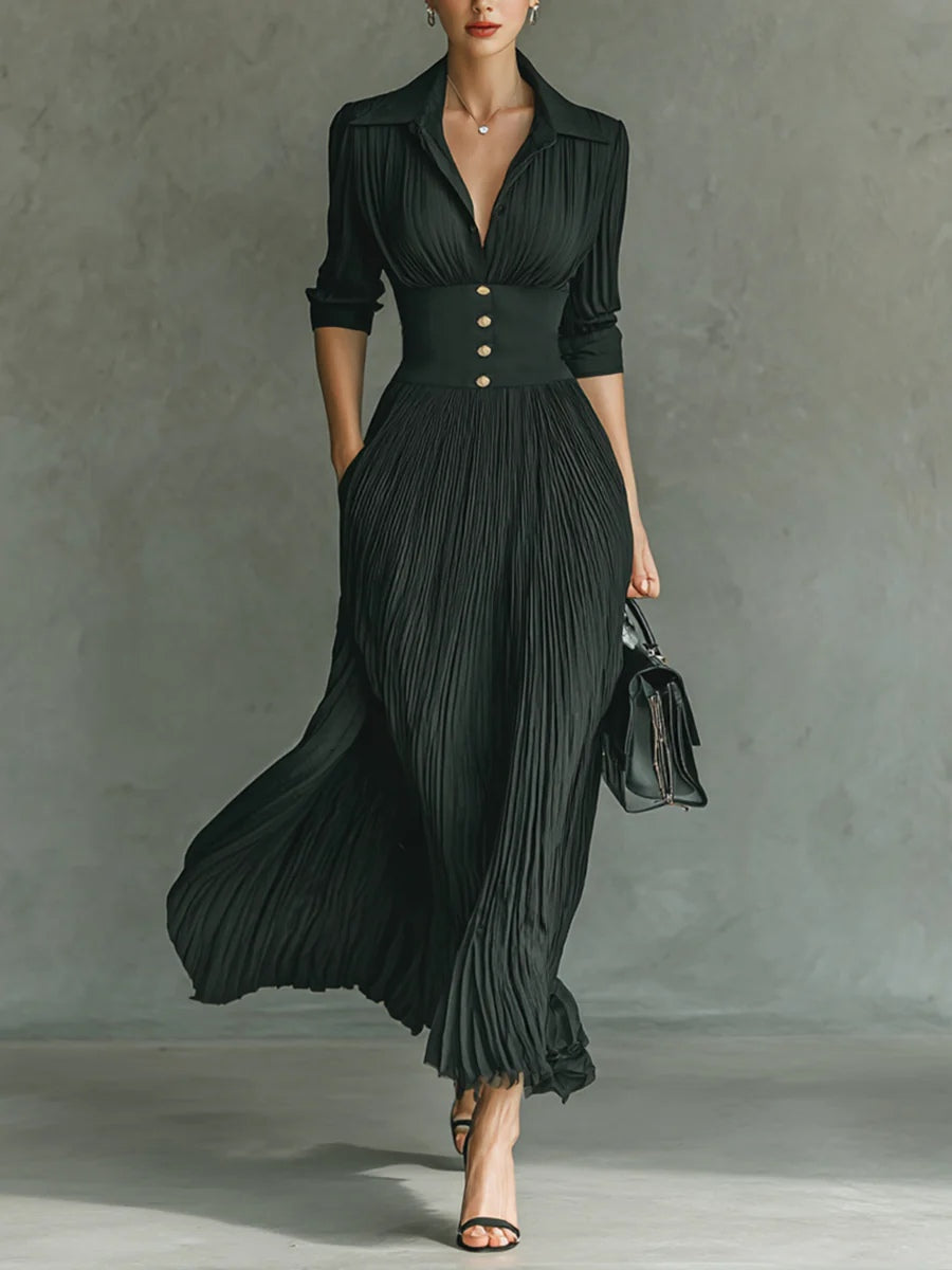 Elmont | Pleated Maxi Dress with Lapel Collar and Belted Waist