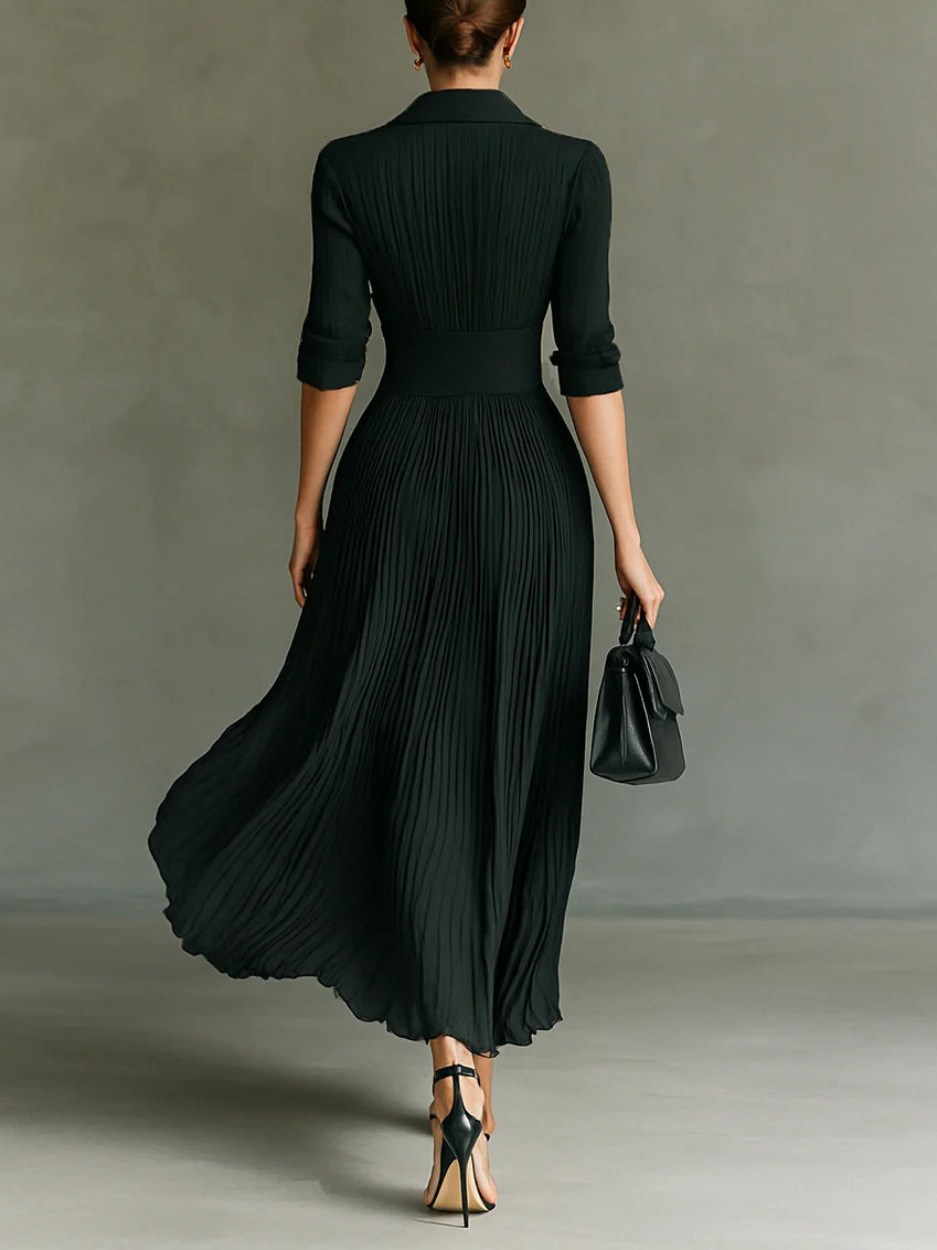 Elmont | Pleated Maxi Dress with Lapel Collar and Belted Waist