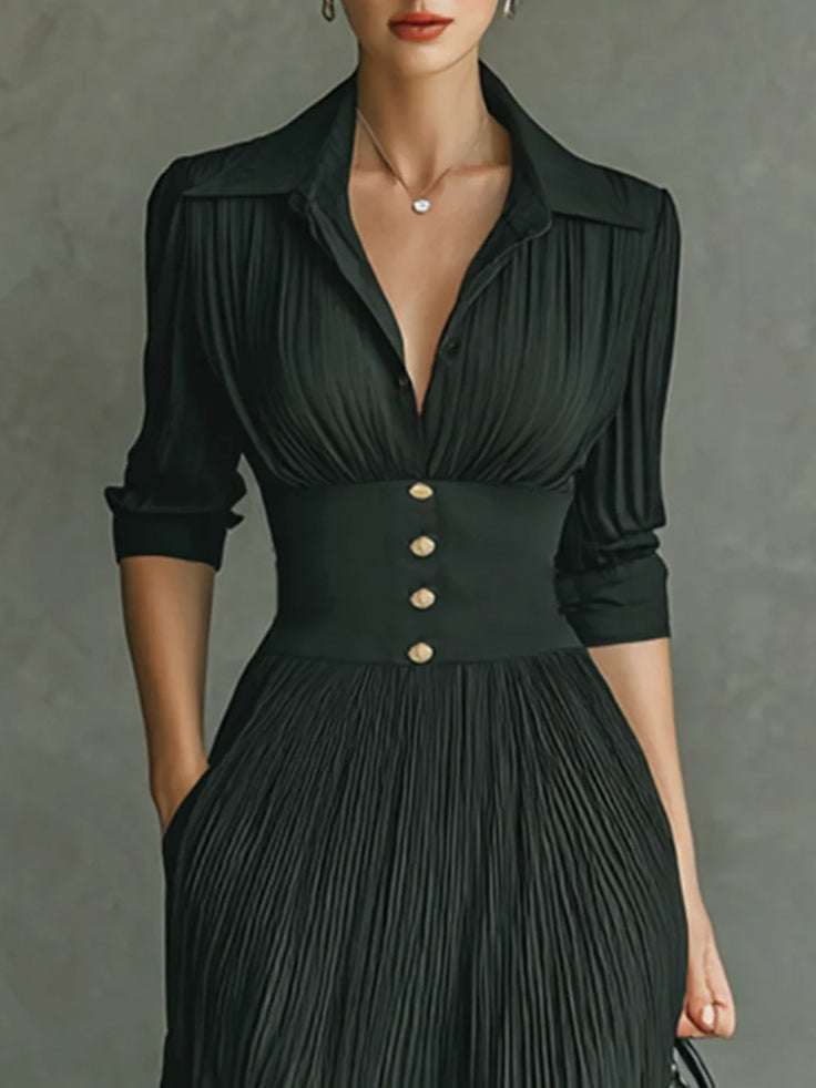 Elmont | Pleated Lapel Belted Long-Sleeve Maxi Dress
