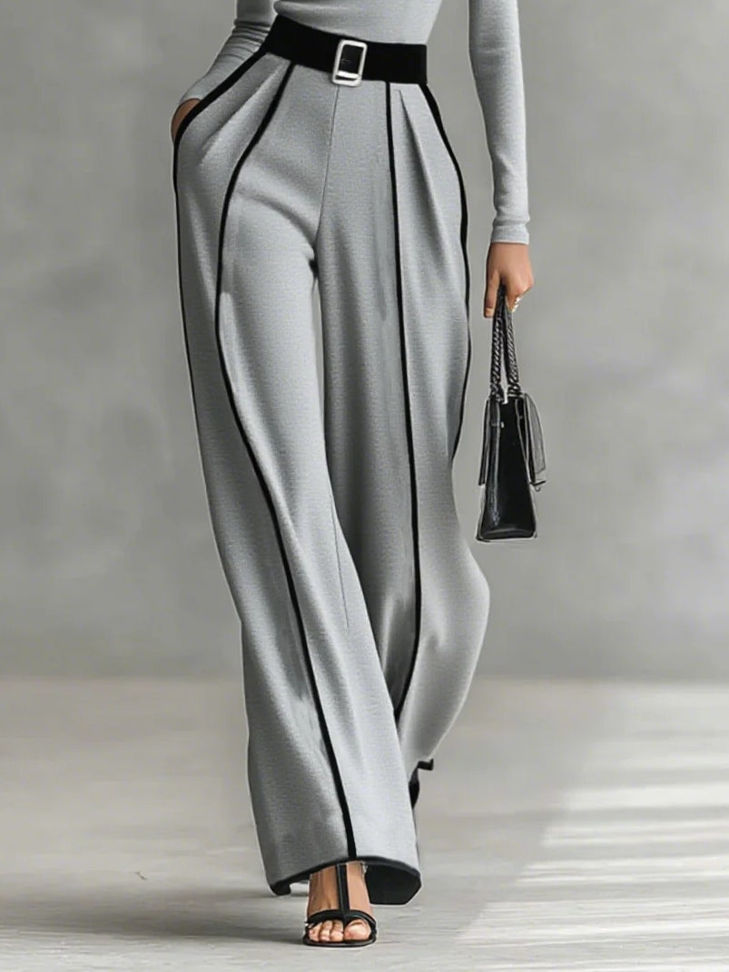 Elmont | Contrast-Trim Turtleneck Top & Wide-Leg Pants Belted Set