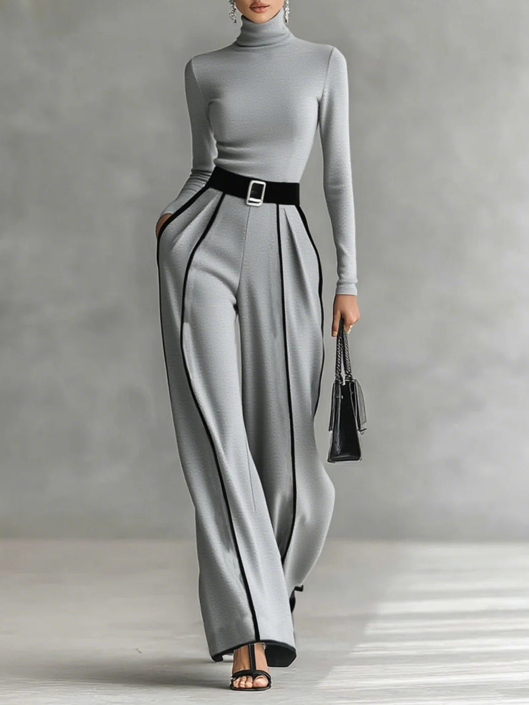Elmont | Black Contrast-Trim Turtleneck Top & Wide-Leg Pants Set with Belt
