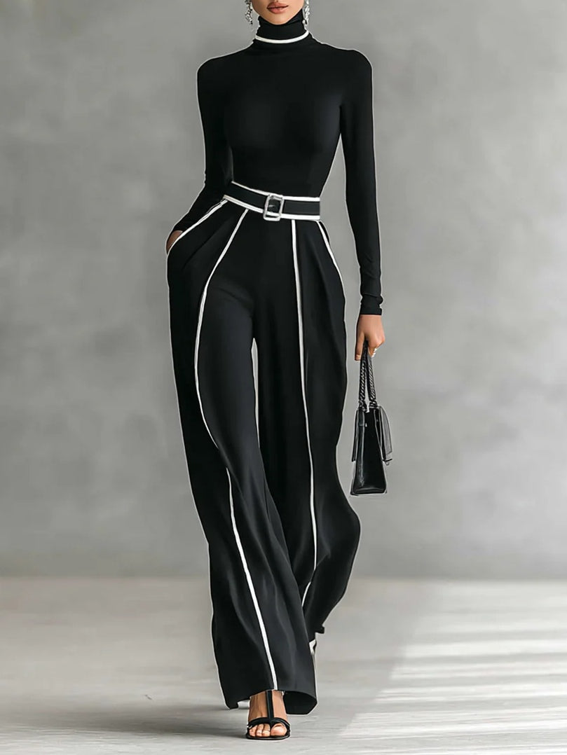 Elmont | Contrast-Trim Turtleneck Top & Wide-Leg Pants Belted Set