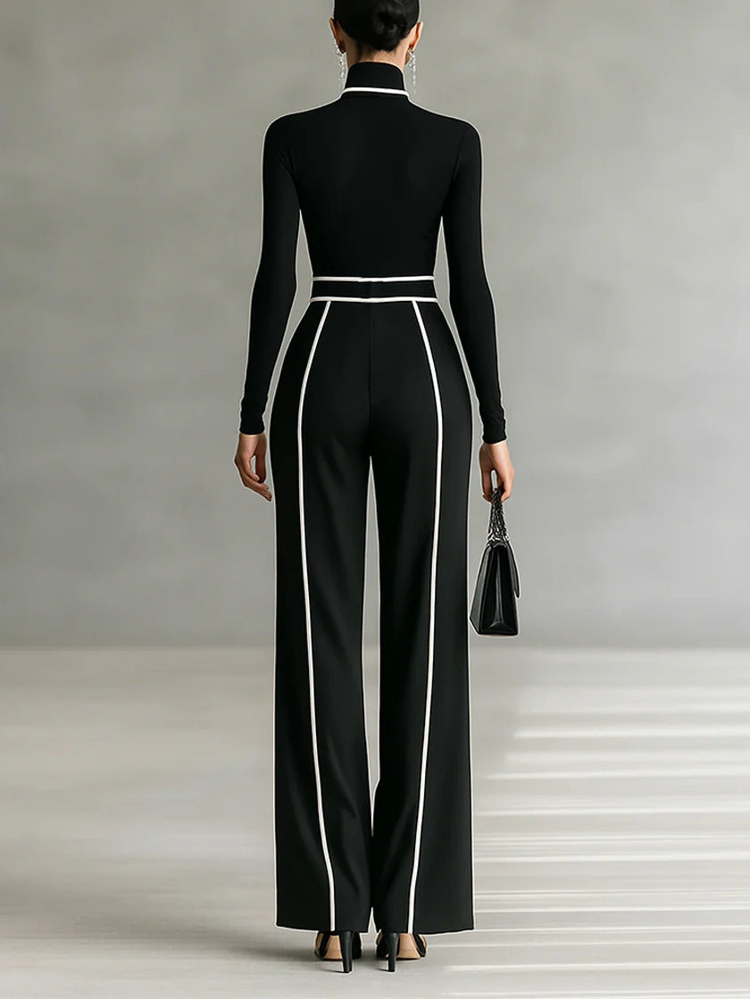 Elmont | Contrast-Trim Turtleneck Top & Wide-Leg Pants Belted Set