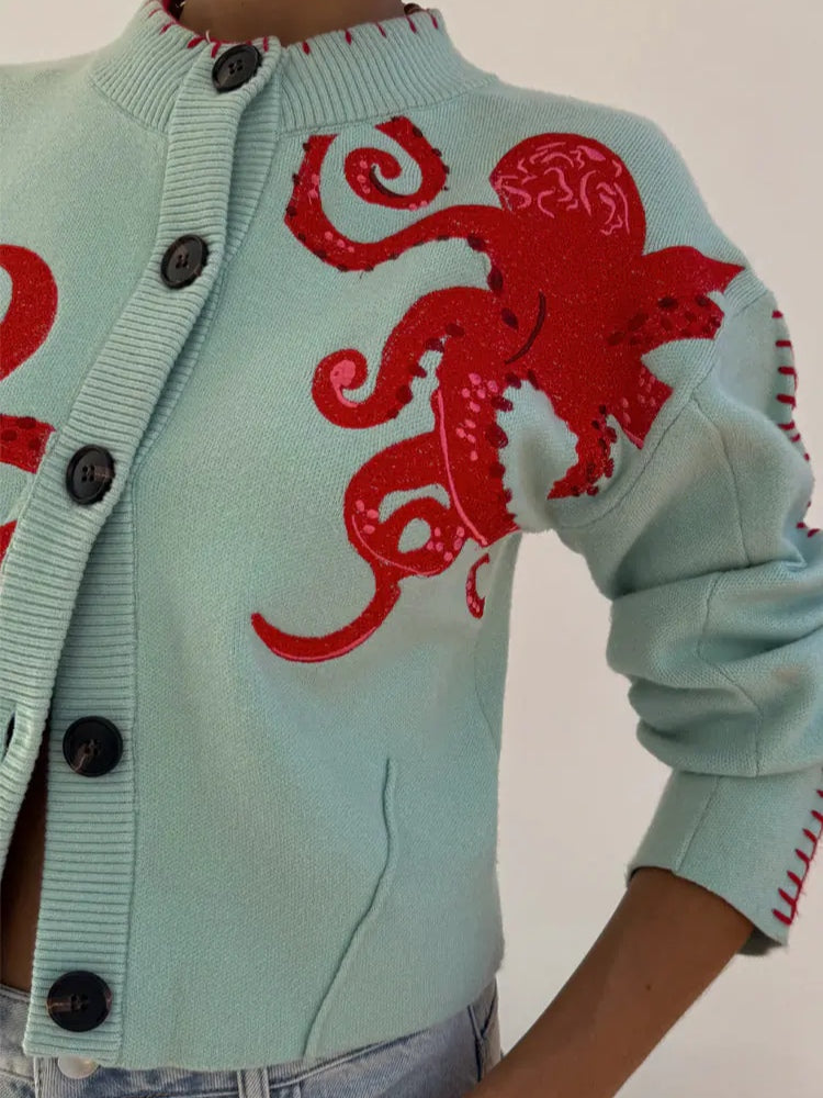 Sarah | Knit Button-Front Cardigan with Octopus Pattern