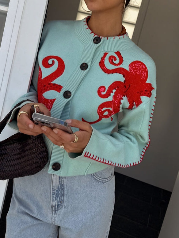Sarah | Knit Button-Front Cardigan with Octopus Pattern