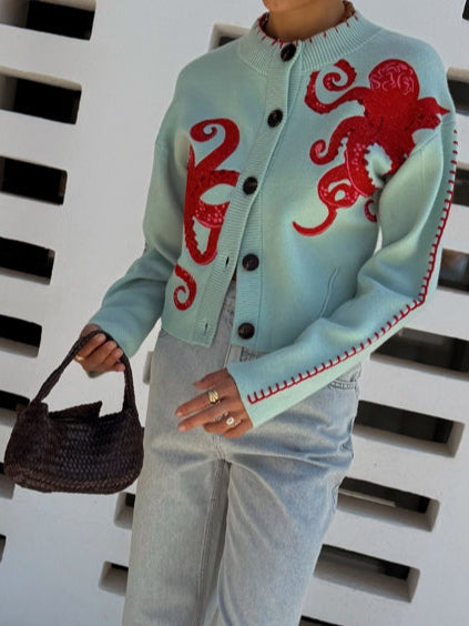 Sarah | Knit Button-Front Cardigan with Octopus Pattern