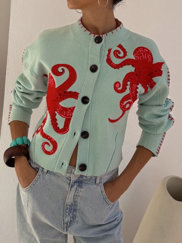Sarah | Knit Button-Front Cardigan with Octopus Pattern