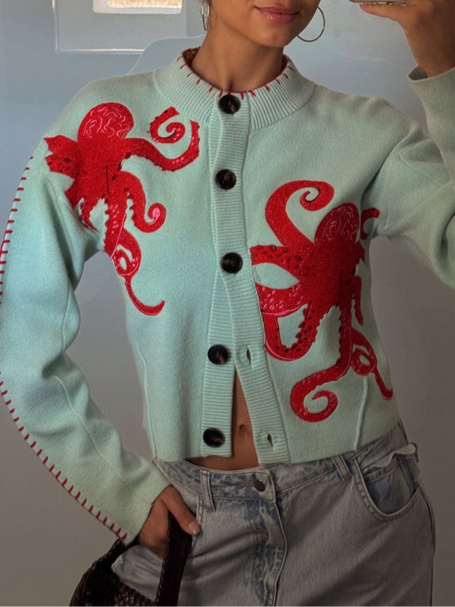 Sarah | Knit Button-Front Cardigan with Octopus Pattern