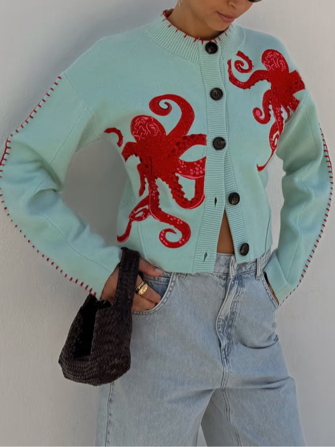 Sarah | Knit Button-Front Cardigan with Octopus Pattern