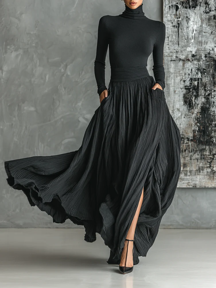 Elmont | Black Turtleneck Top & Pleated Skirt Set