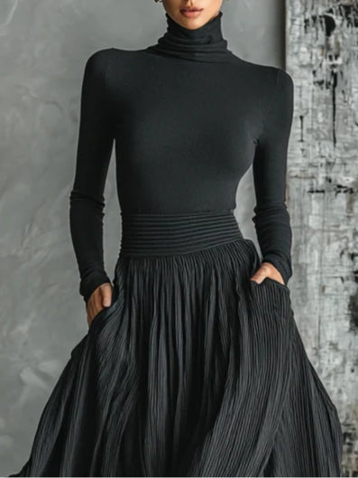 Elmont | Black Turtleneck Top & Pleated Skirt Set