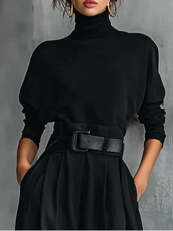 Elmont | Black Turtleneck Long-Sleeve Top and Straight-Leg Pants Set with Belt