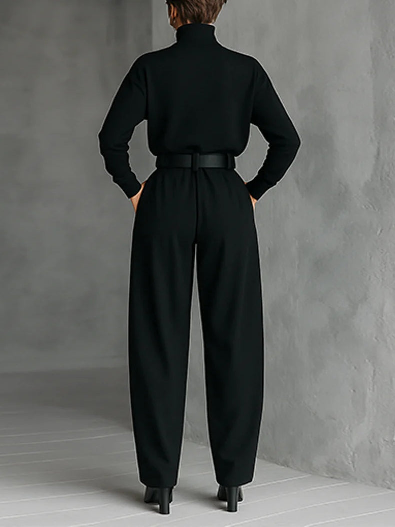 Elmont | Black Turtleneck Long-Sleeve Top and Straight-Leg Pants Set with Belt