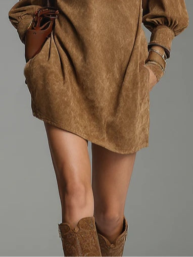 Elmont | Brown Suede Zip Turtleneck Mini Dress