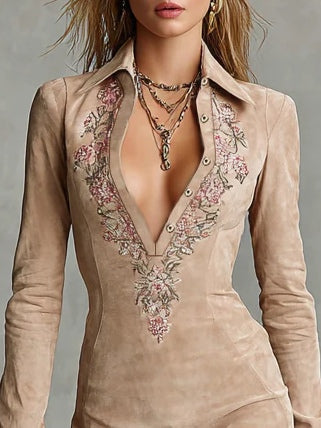 Elmont | Beige Suede Slim Midi Dress with Embroidered Floral Lapel