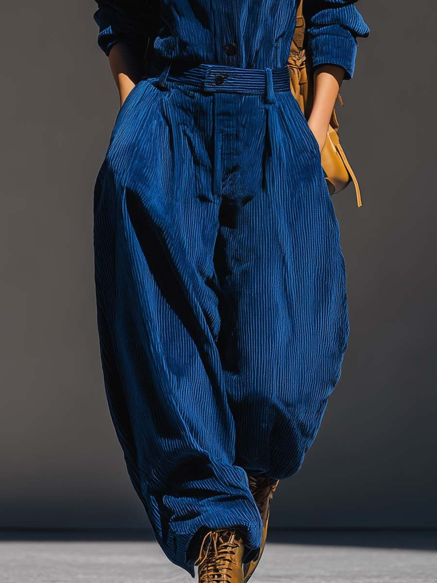 Elmont | Royal Blue Corduroy Hooded Top & Wide-Leg Pants Set