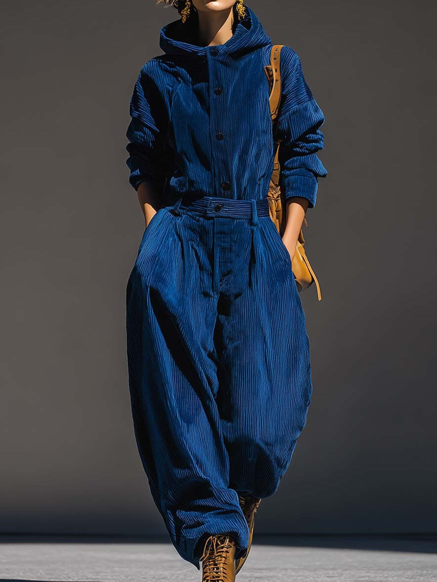 Elmont | Royal Blue Corduroy Hooded Top & Wide-Leg Pants Set
