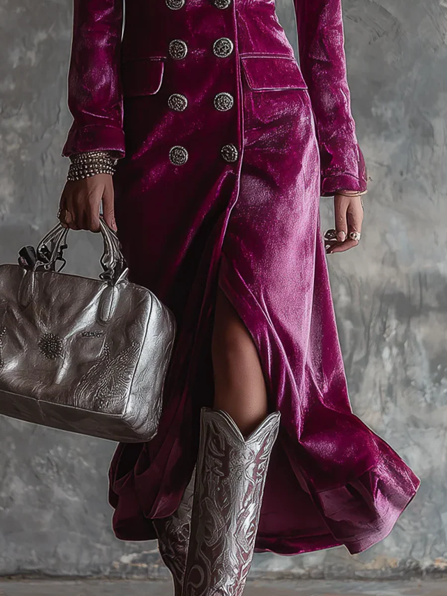 Elmont | Purple Velvet Button-Front Maxi Blazer Dress