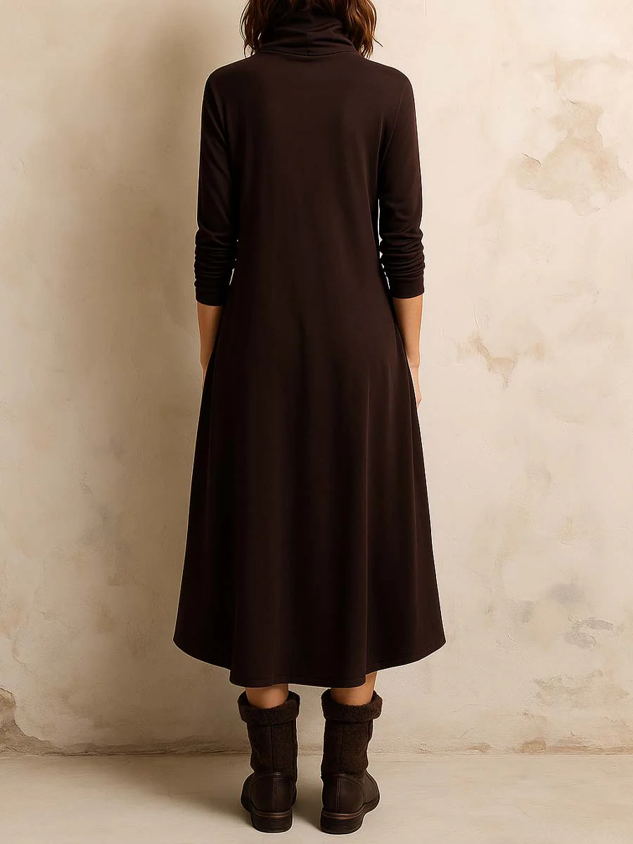 Elmont | Dark Brown Boho Turtleneck Side-Button Midi Dress