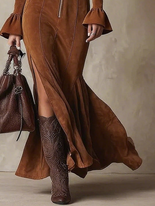 Elmont | Brown Faux Suede Bell-Sleeve Zip-Front Maxi Dress