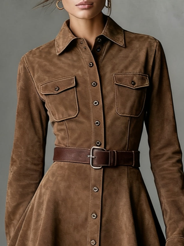 Elmont | Faux Suede Long-Sleeve Lapel Mini Dress