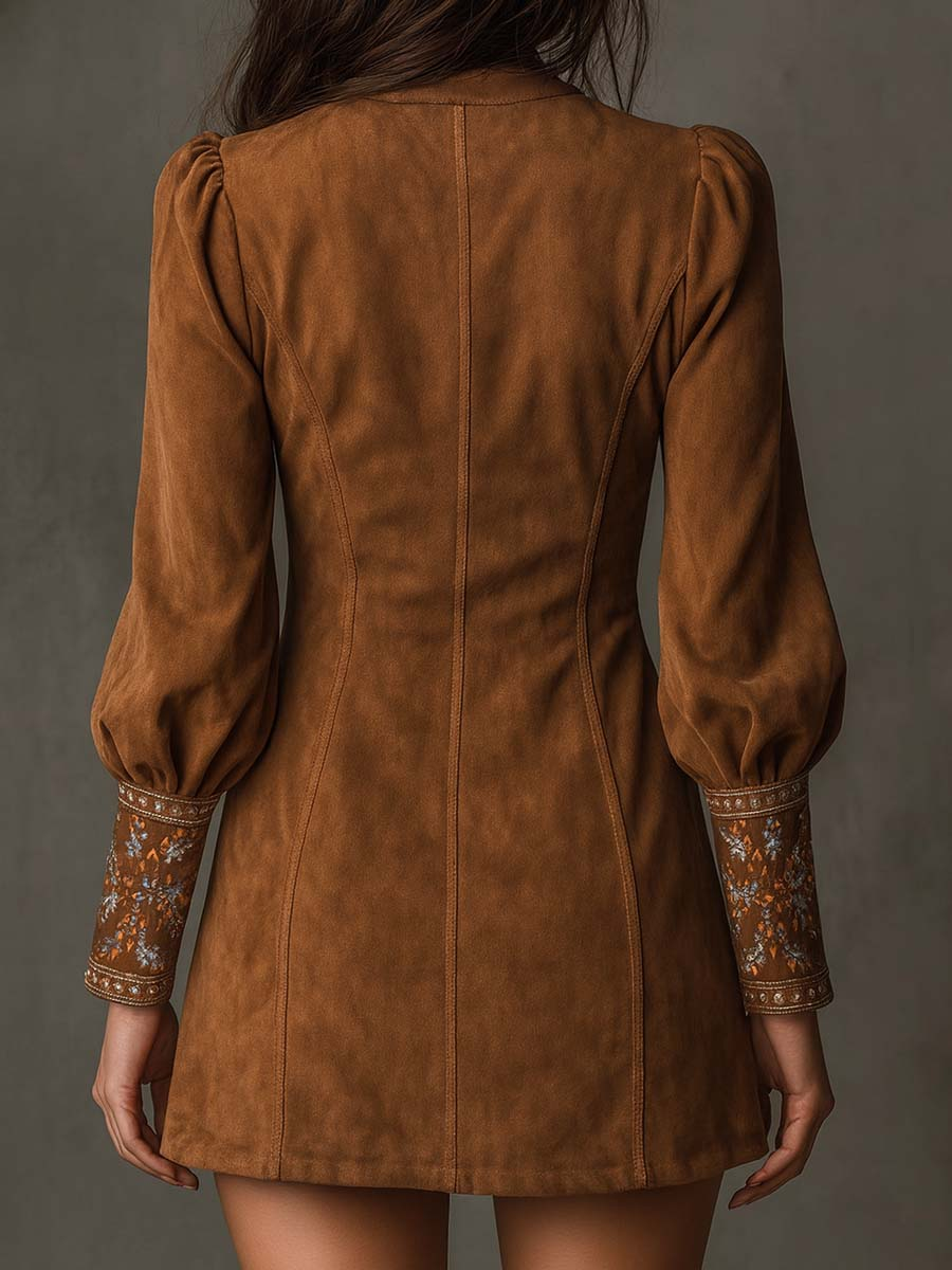 Elmont | Brown Microsuede Embroidered V-Neck Mini Dress