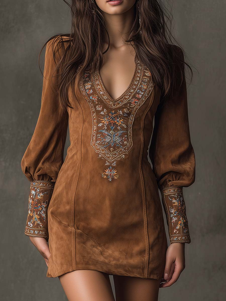 Elmont | Brown Microsuede Embroidered V-Neck Mini Dress