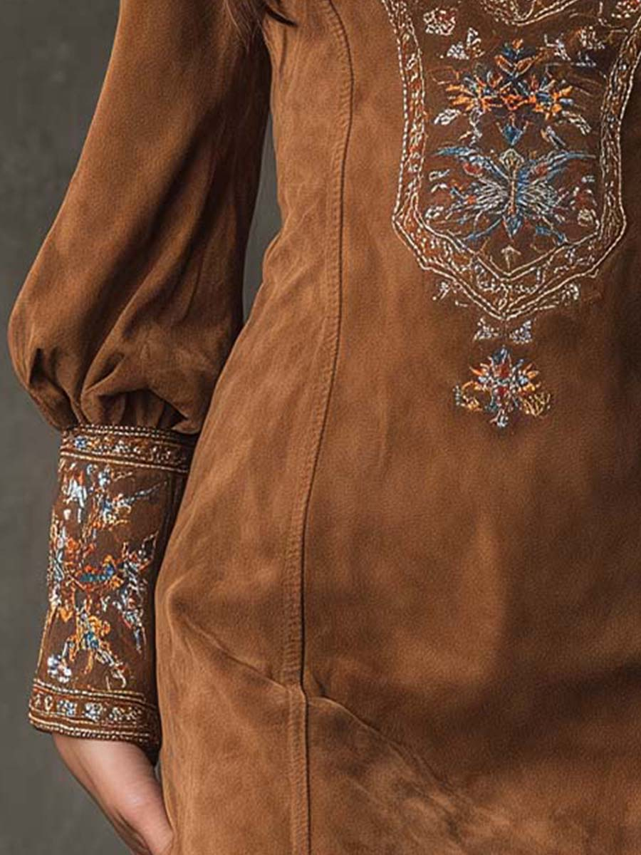 Elmont | Brown Microsuede Embroidered V-Neck Mini Dress