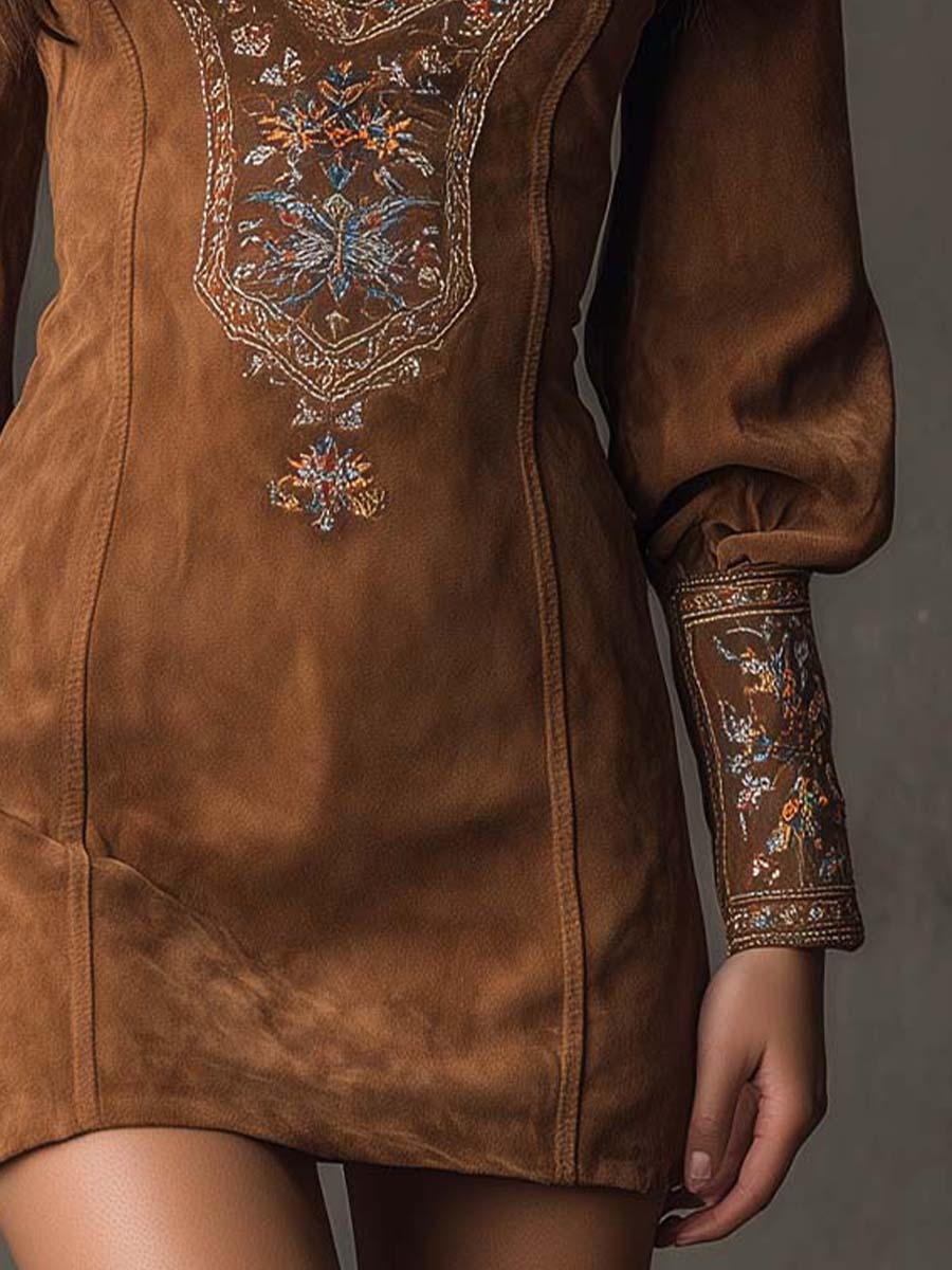 Elmont | Brown Microsuede Embroidered V-Neck Mini Dress
