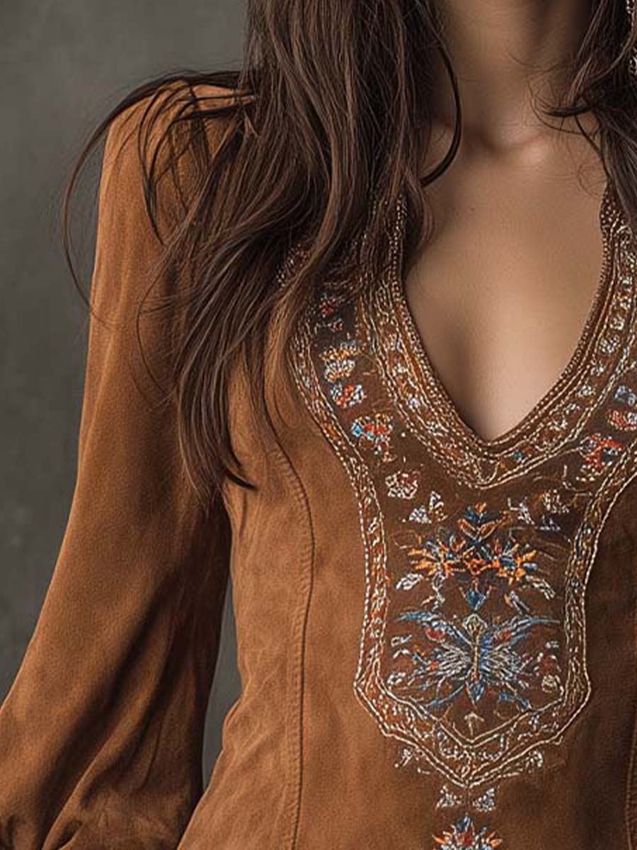 Elmont | Brown Microsuede Embroidered V-Neck Mini Dress