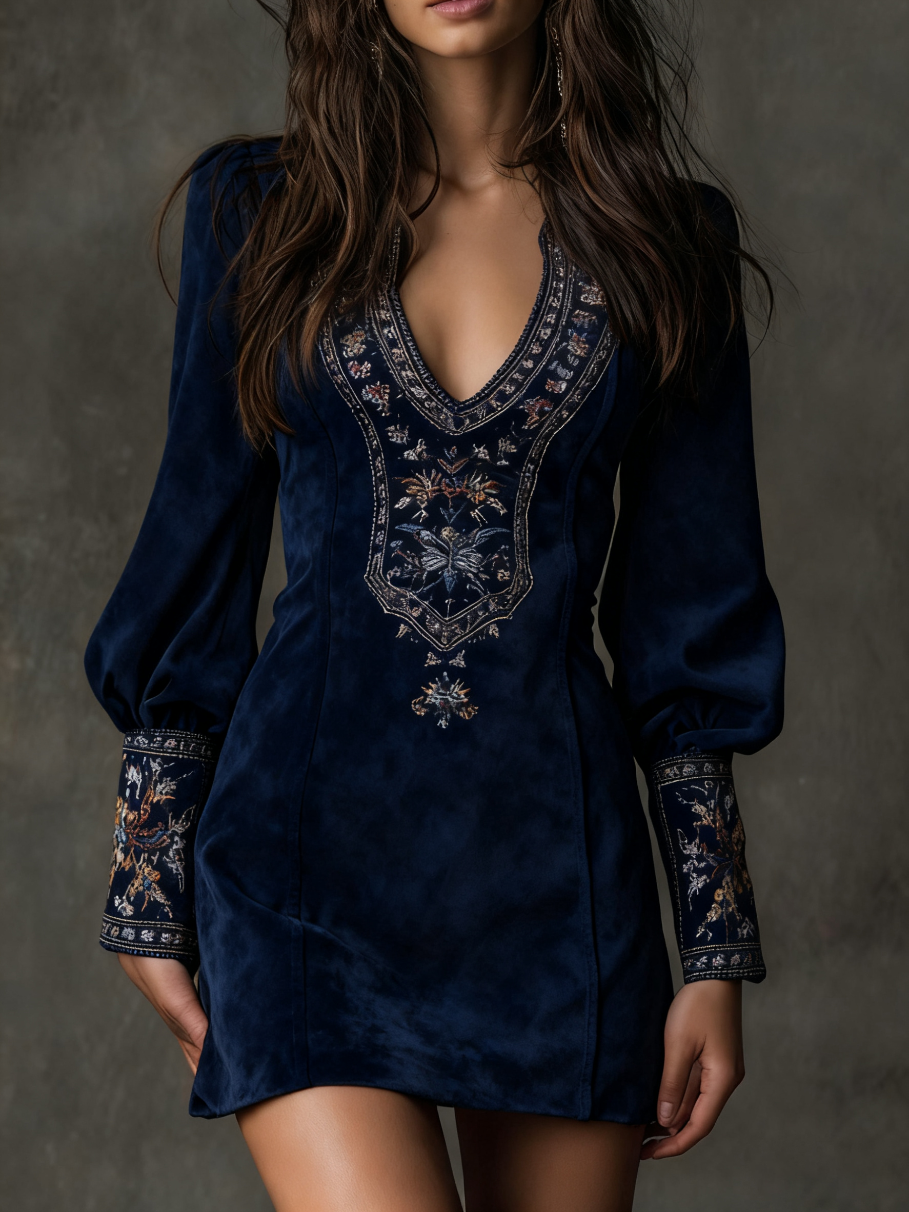 Elmont | Brown Microsuede Embroidered V-Neck Mini Dress