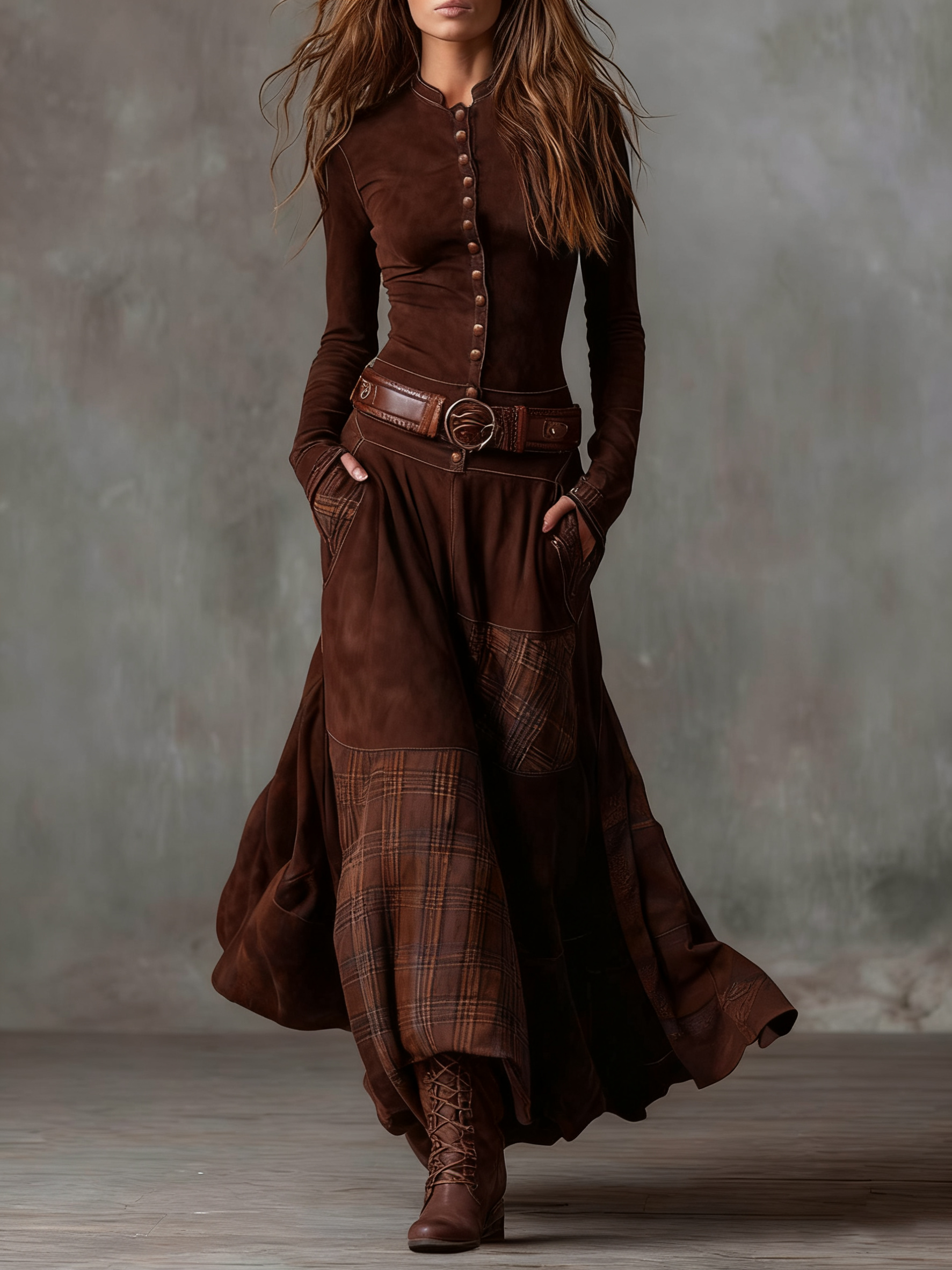 Elmont | Maxi Suede Patchwork Dress with Belt