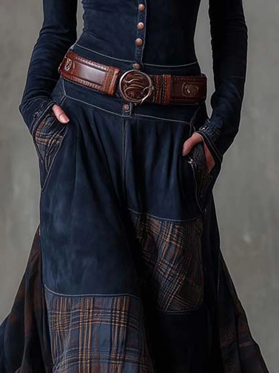 Elmont | Eco-Suede Maxi Dress with Plaid Panels and Belt