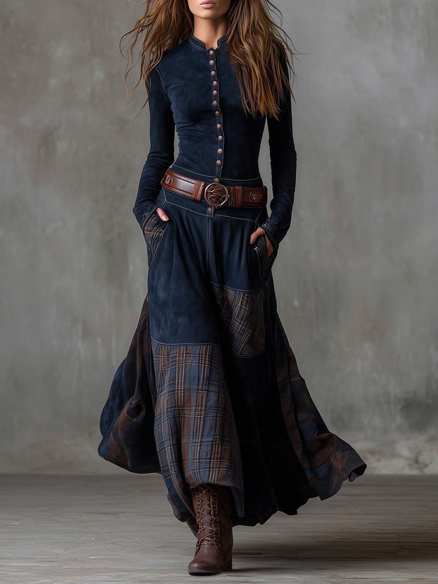 Elmont | Eco-Suede Maxi Dress with Plaid Panels and Belt