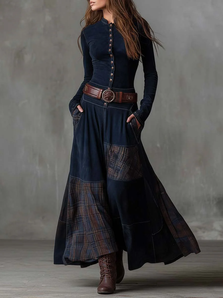 Elmont | Eco-Suede Maxi Dress with Plaid Panels and Belt