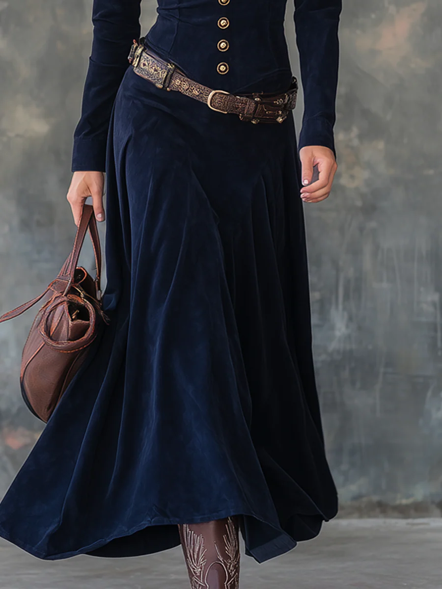 Elmont | Button-Detail Long Faux Suede Dress
