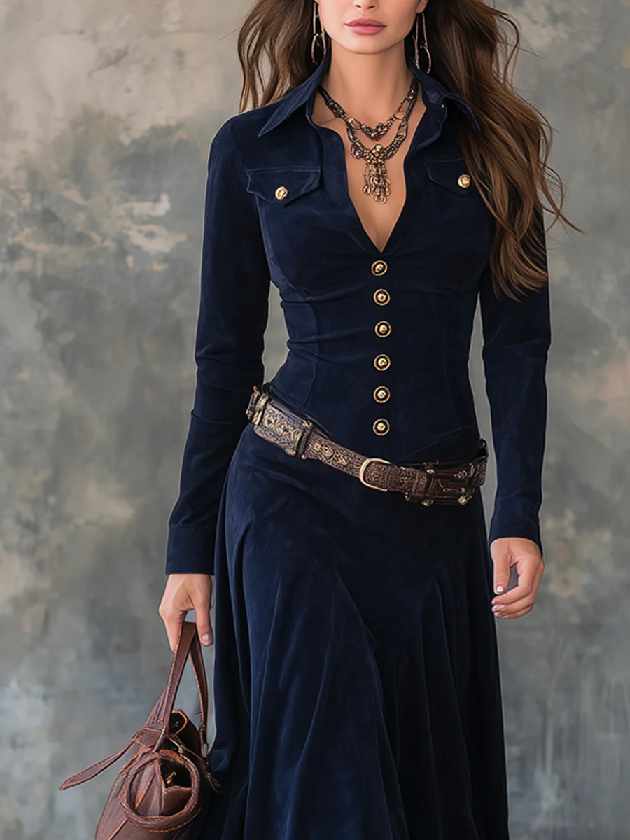 Elmont | Button-Detail Long Faux Suede Dress