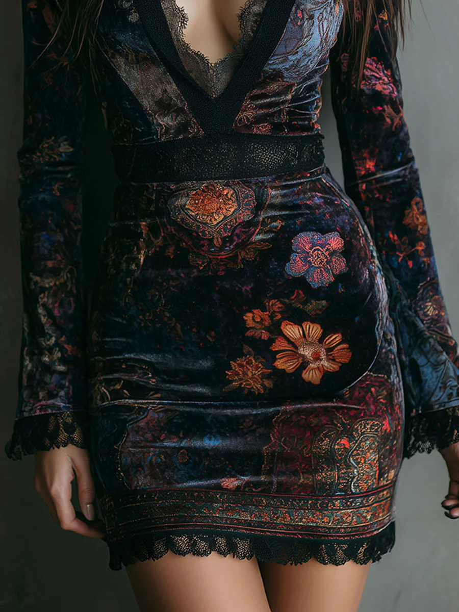 Elmont | Floral Velvet Lace-Trim V-Neck Bodycon Mini Dress