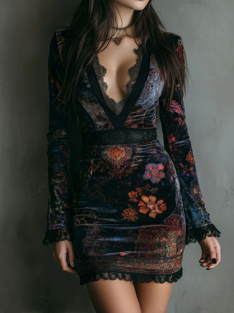 Elmont | Floral Velvet Lace-Trim V-Neck Bodycon Mini Dress